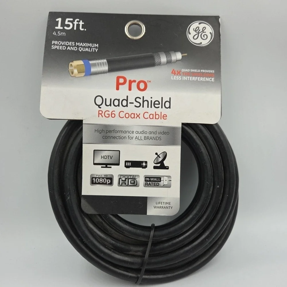 GE 33732 Pro Quad-Shield RG6 Coax Cable 15 ft 4.5m by jasco 2018 New Lot Of 2